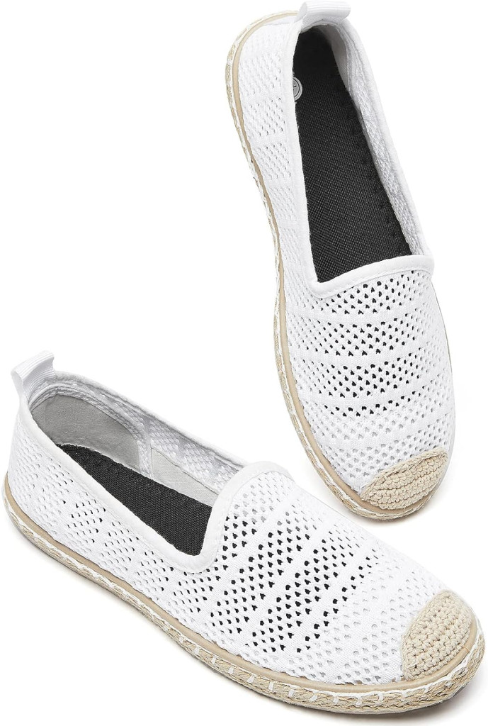 BABUDOG Womens Breathable Mesh Flats Shoes, Soft Espadrilles Flats, White Slip on Shoes Loafer