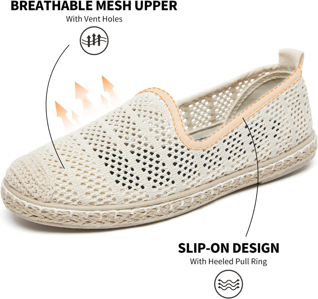 BABUDOG Womens Breathable Mesh Flats Shoes, Soft Espadrilles Flats, White Slip on Shoes Loafer