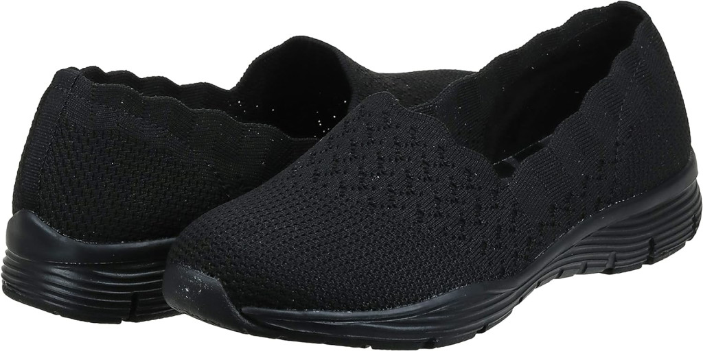 Skechers Womens Seager-STAT-Scalloped Collar, Engineered Skech-Knit Slip-On-Classic Fit Loafer, black/black, 7 W US