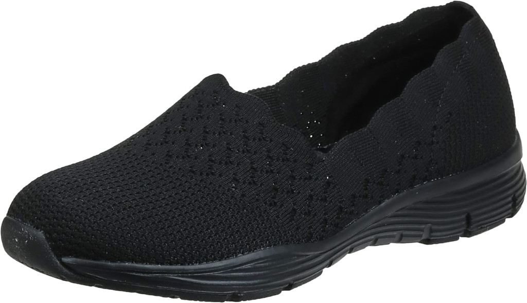 Skechers Womens Seager-STAT-Scalloped Collar, Engineered Skech-Knit Slip-On-Classic Fit Loafer, black/black, 7 W US