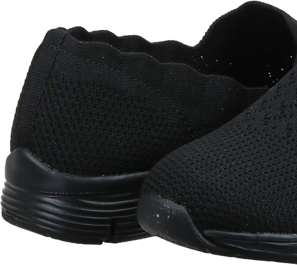 Skechers Womens Seager-STAT-Scalloped Collar, Engineered Skech-Knit Slip-On-Classic Fit Loafer, black/black, 7 W US