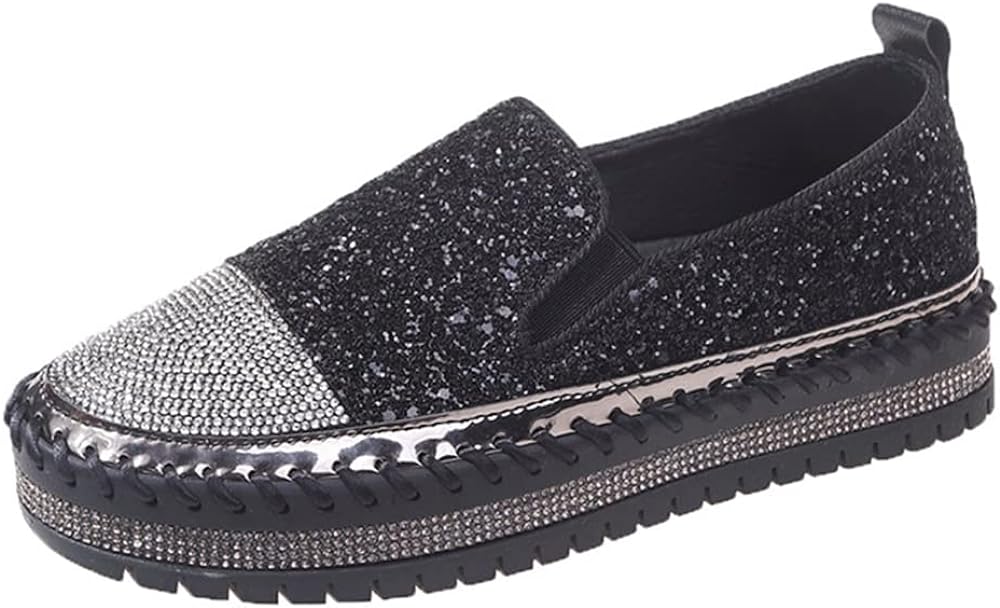SUGURETA Womens Fashion Rhinestone Slip On Sneakers Casual Comfort Platform Walking Shoes Cute Bowknot Glitter Bling Loafers