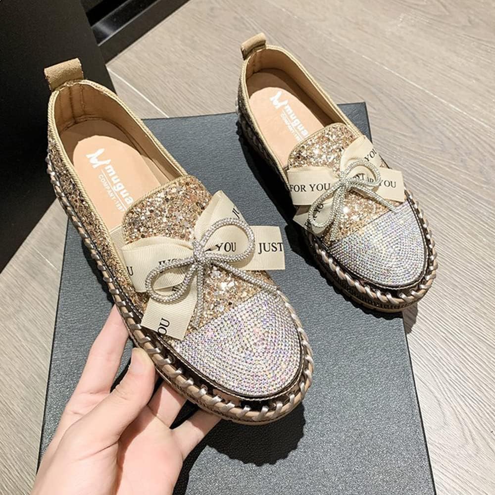 SUGURETA Womens Fashion Rhinestone Slip On Sneakers Casual Comfort Platform Walking Shoes Cute Bowknot Glitter Bling Loafers