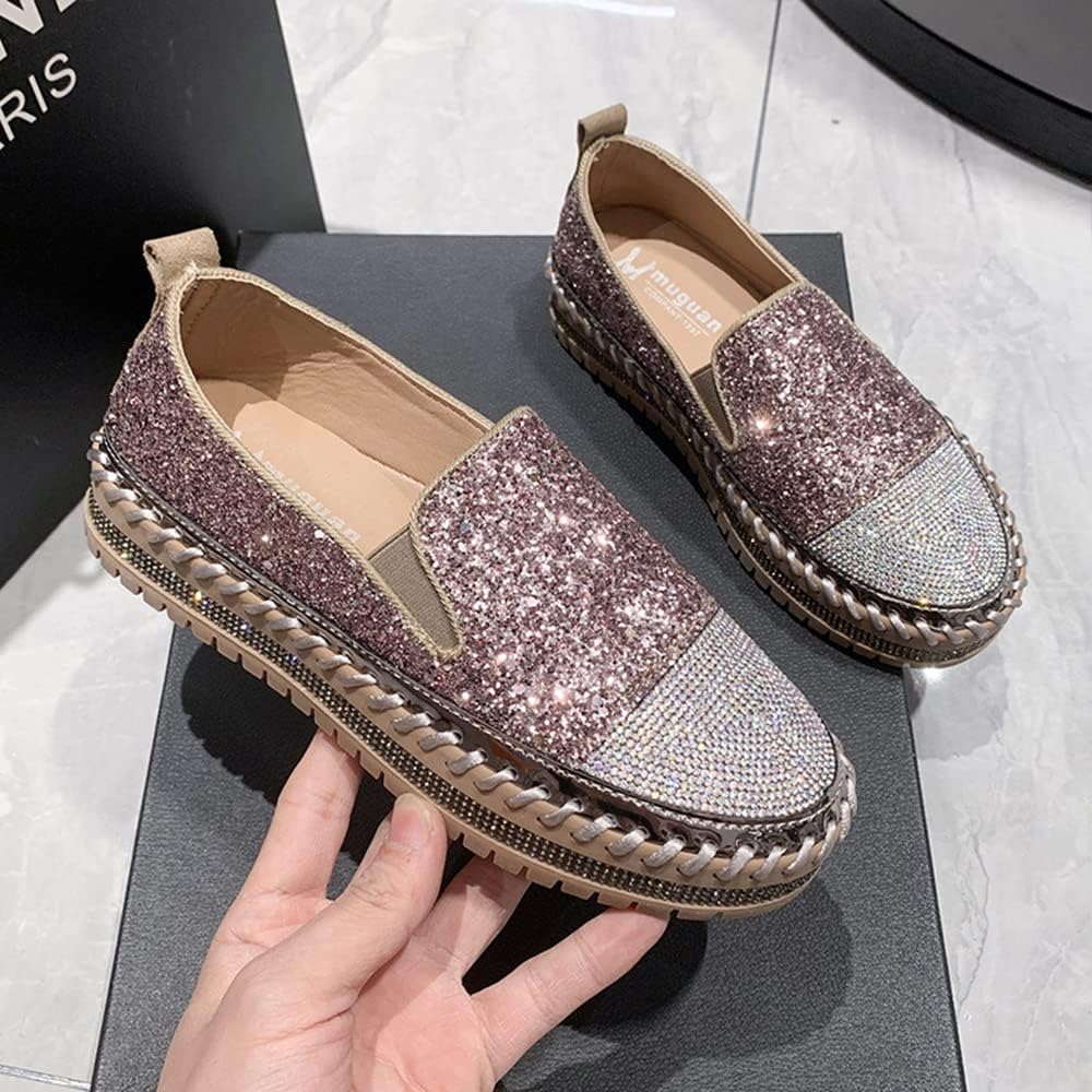 SUGURETA Womens Fashion Rhinestone Slip On Sneakers Casual Comfort Platform Walking Shoes Cute Bowknot Glitter Bling Loafers