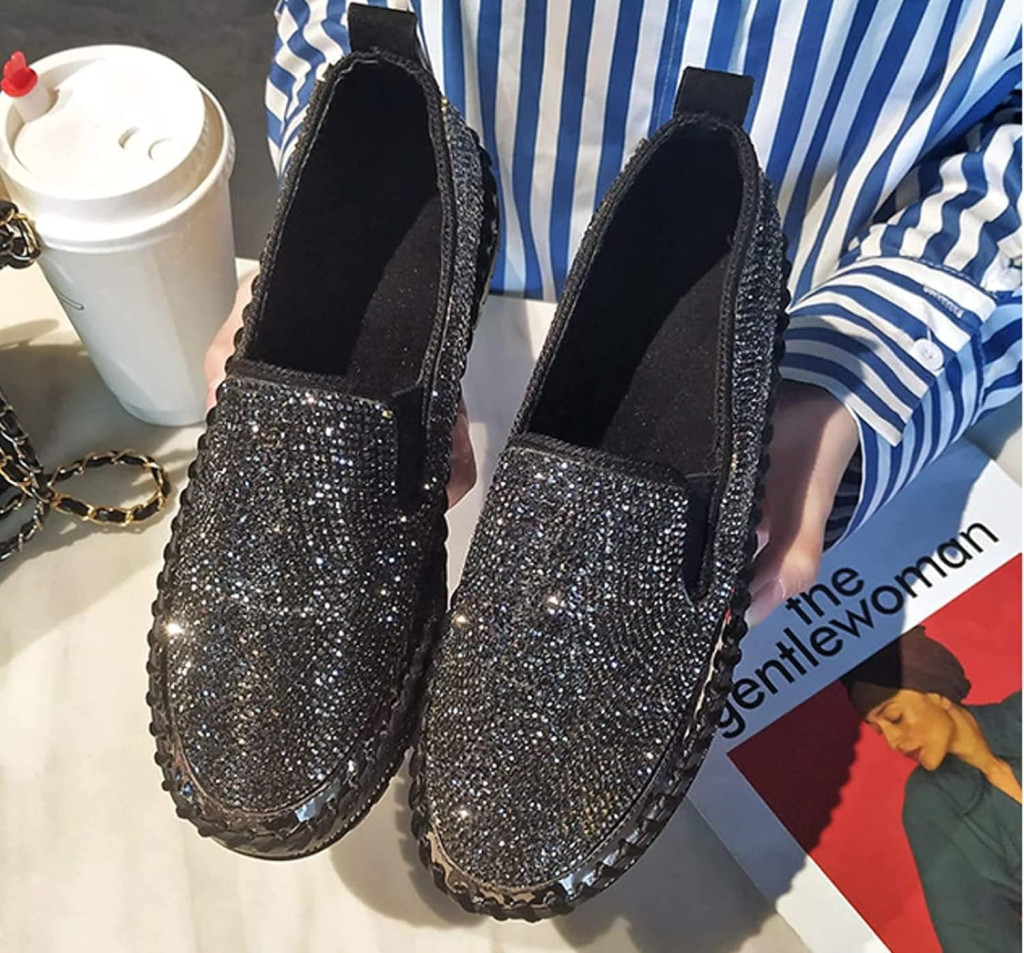 Women Rhinestone Platform Loafers,Glitter Fashion Slip-On Sparkle Bling Sequin Sneakers Fall 2022 Casual Flat