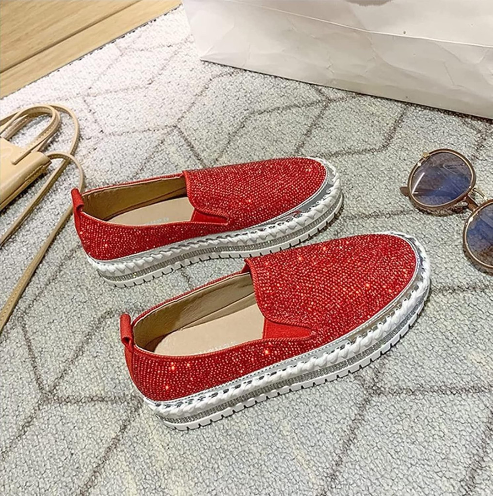 Women Rhinestone Platform Loafers,Glitter Fashion Slip-On Sparkle Bling Sequin Sneakers Fall 2022 Casual Flat