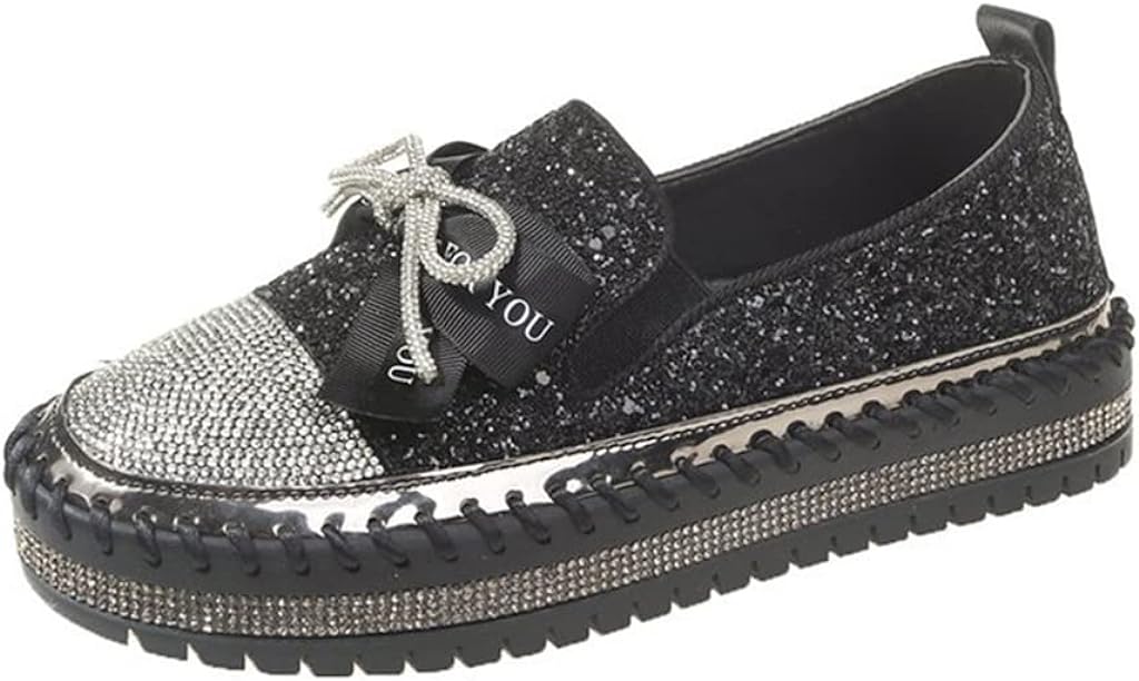 Womens Fashion Glitter Slip On Sneakers Rhinestone Bling Platform Walking Shoes Cute Bowknot Sequin Shiny Loafers