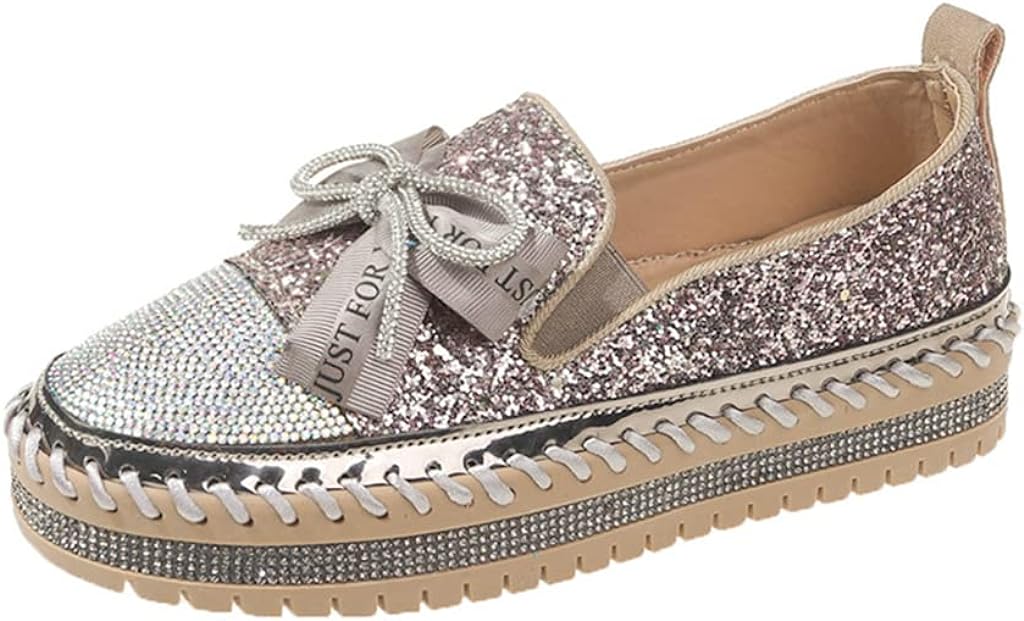 Womens Fashion Glitter Slip On Sneakers Rhinestone Bling Platform Walking Shoes Cute Bowknot Sequin Shiny Loafers