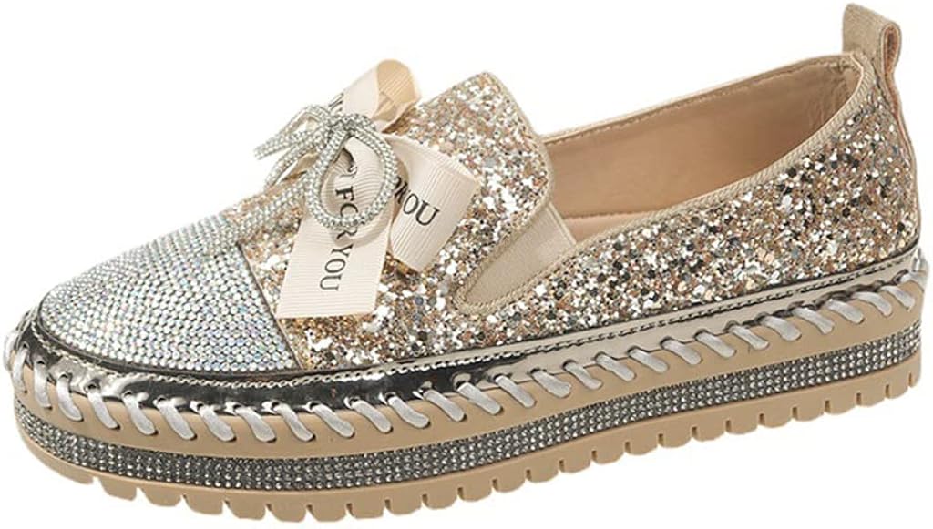 Womens Fashion Glitter Slip On Sneakers Rhinestone Bling Platform Walking Shoes Cute Bowknot Sequin Shiny Loafers