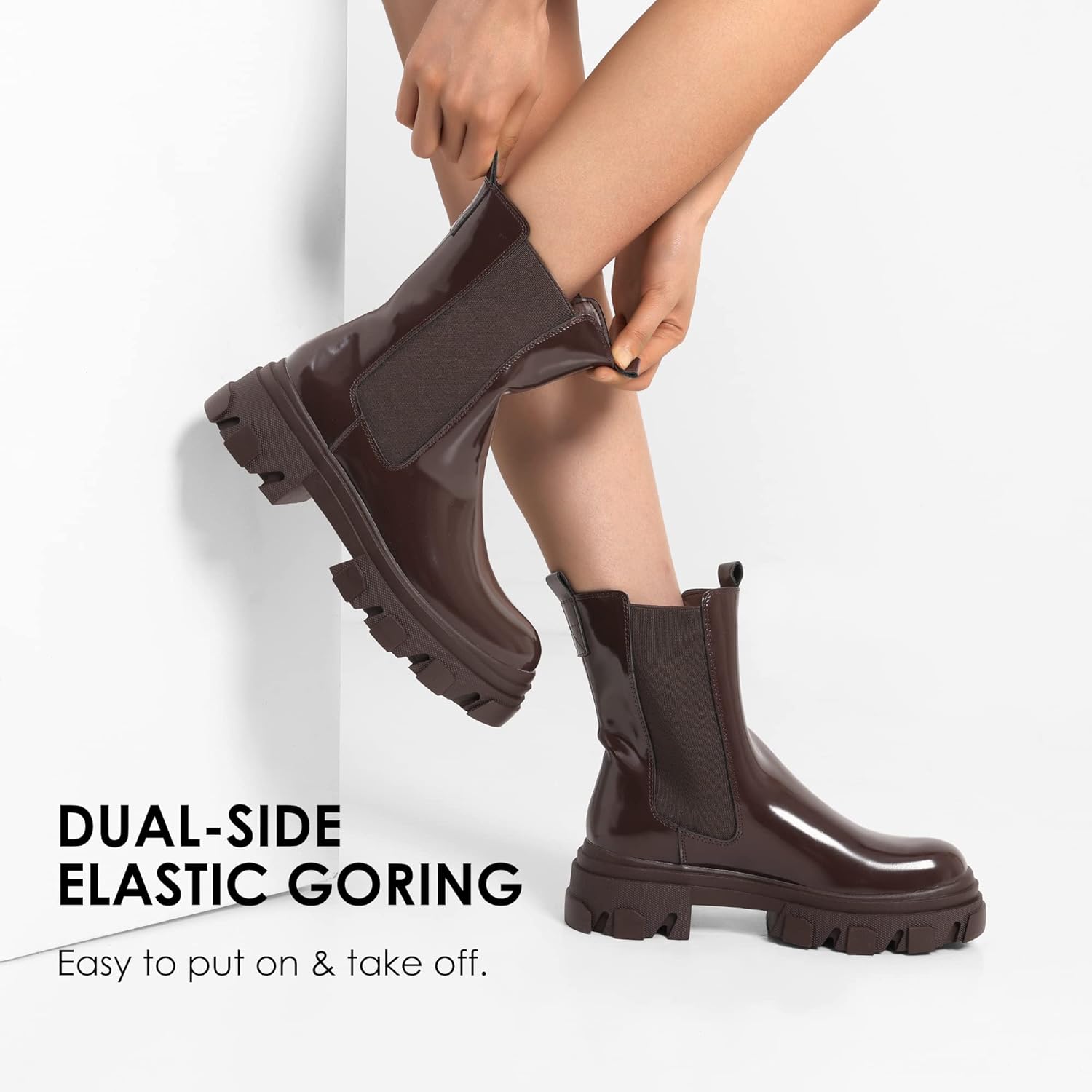 DREAM PAIRS Womens Platform Chelsea Boots Lug Sole Combat Mid Calf Slip On Chunky Ankle Booties
