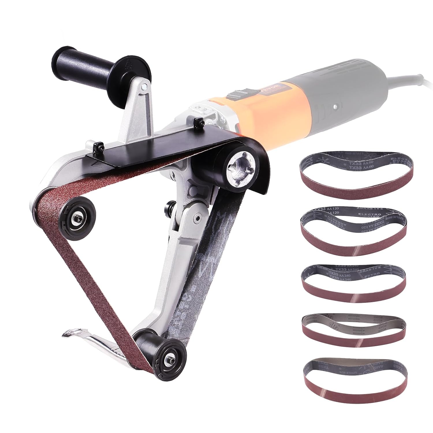 VEVOR Belt Sander Adapter for Angle Grinder, Pipe or Tube Sanding Attachment with 5/8-11 Imperial Thread and 10PCS Sanding Belts, Belt Sander Attachment Pipe Polishing Adapter for Rust Removal