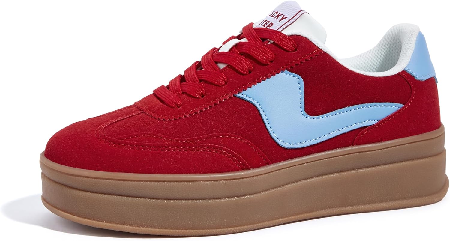 LUCKY STEP Womens Platform Fashion Sneakers Thick Sole Suede Genuine Leather Classic Rubber Gum Sole Low Top Casual Walking Shoes