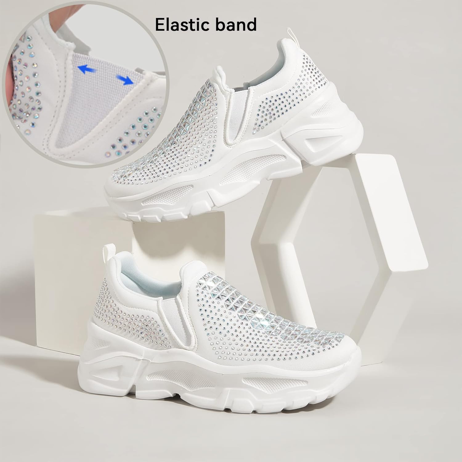 LUCKY STEP Women Slip On Rhinestone Sneaker Chunky Fashion Platform Sparkly Elastic Walking Shoes