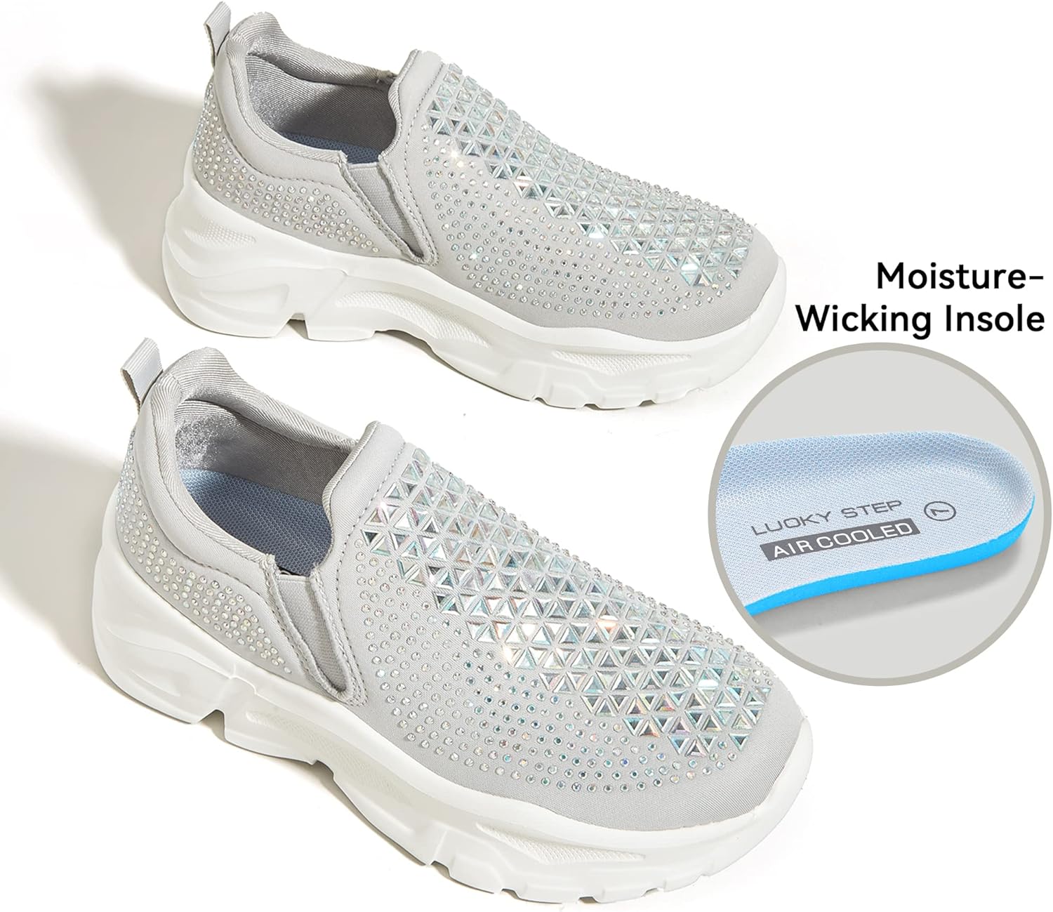 LUCKY STEP Women Slip On Rhinestone Sneaker Chunky Fashion Platform Sparkly Elastic Walking Shoes