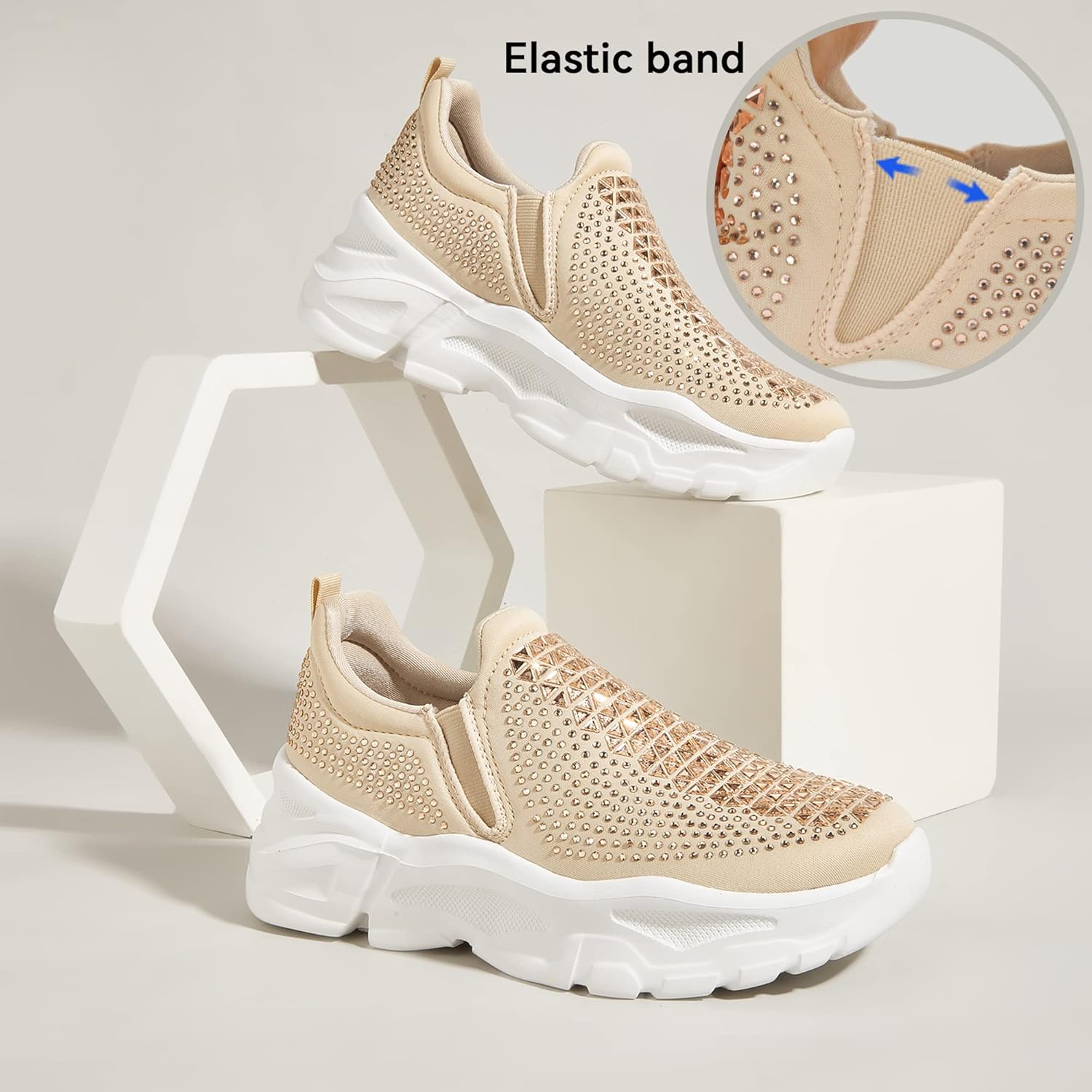 LUCKY STEP Women Slip On Rhinestone Sneaker Chunky Fashion Platform Sparkly Elastic Walking Shoes