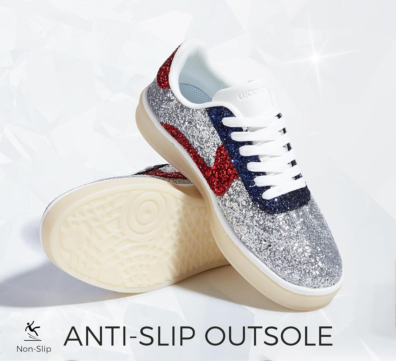 LUCKY STEP Womens Glitter Sneakers Fashion Retro Casual Sparkly Bling Shiny Dressy Bedazzled Bridal Wedding Anti Slip Walking Shoes