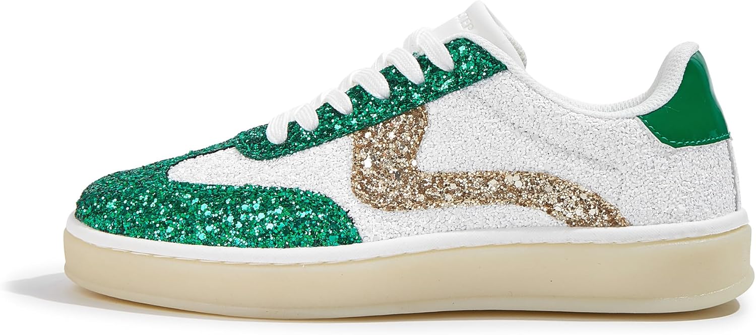 LUCKY STEP Womens Glitter Sneakers Fashion Retro Casual Sparkly Bling Shiny Dressy Bedazzled Bridal Wedding Anti Slip Walking Shoes
