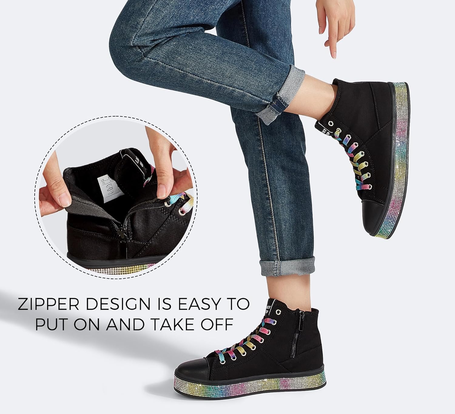 LUCKY STEP Womens High Top Canvas Sneakers Rhinestone Side Zipper Shoes Fashion Sneaker Casual Platform Ankle Boots Walking Canvas Shoes