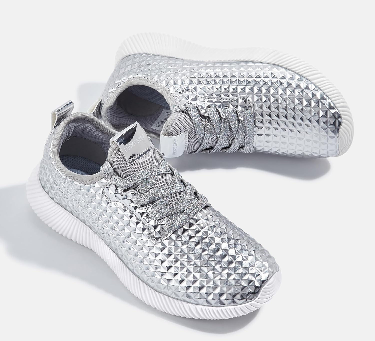 LUCKY STEP Womens Metallic Fashion Sneaker Leatherette Studded Jogger Lightweight Casual Walking Shoes