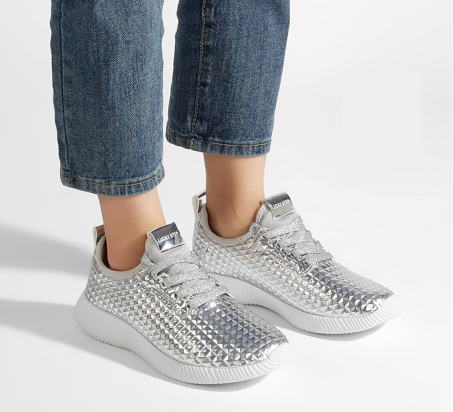 LUCKY STEP Womens Metallic Fashion Sneaker Leatherette Studded Jogger Lightweight Casual Walking Shoes