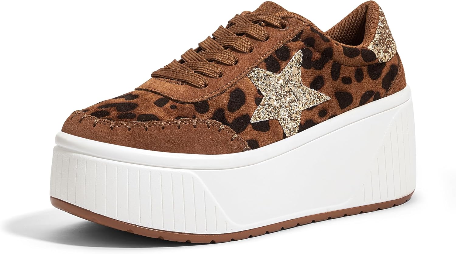 LUCKY STEP Womens Platform Chunky Sneakers Fashion Star Glitter Sparkly Wedge Walking Shoes High Heel Casual Shiny Thick Sole Footwear