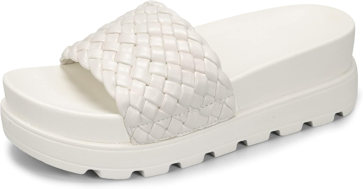LUCKY STEP Womens Platform Sandals Braided Strap Flatform Slide Open Toe Casual Summer Beach Outdoor Wedge Woven Belt Slipper