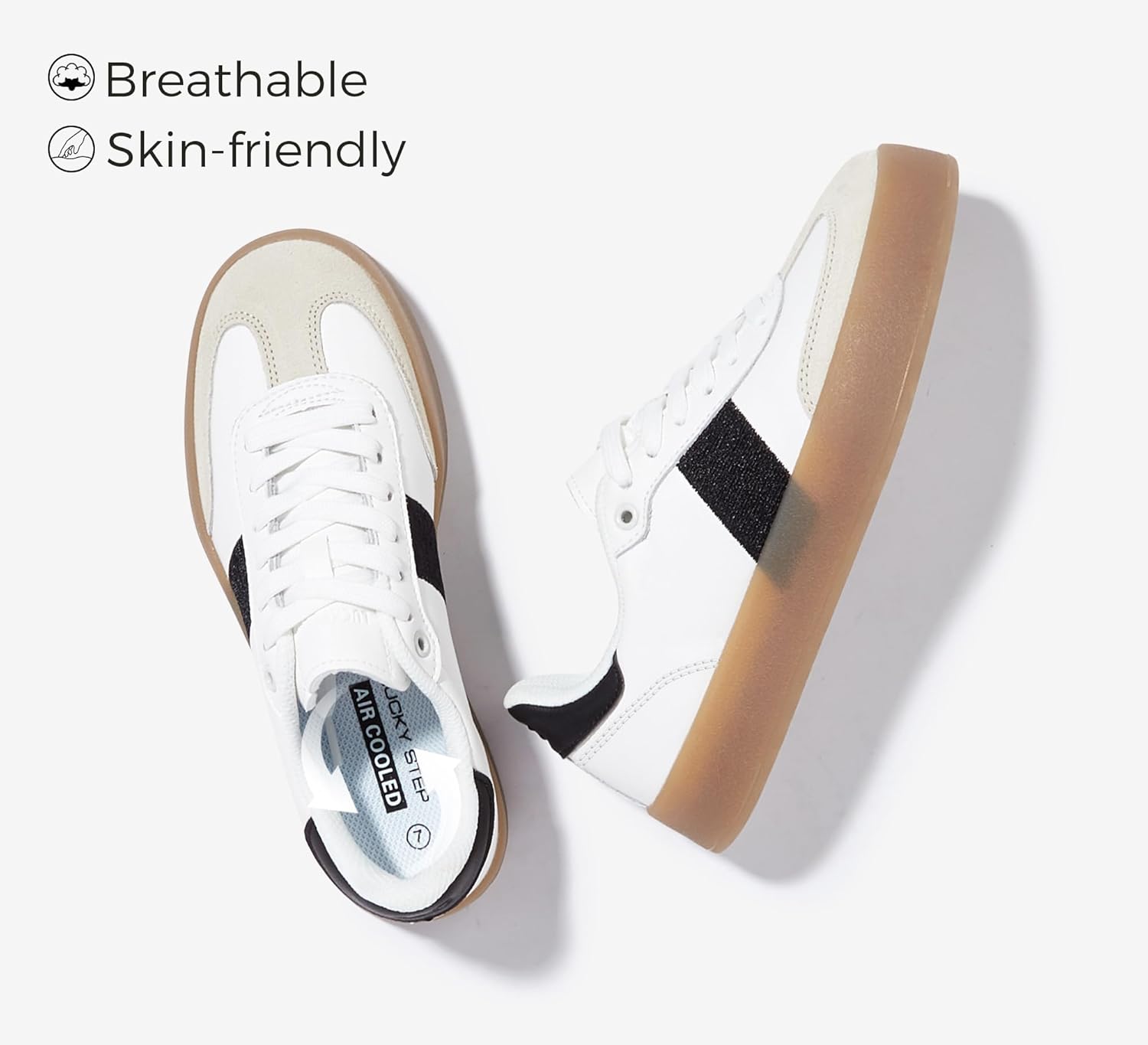 LUCKY STEP Womens Retro Sneakers Fashion Classic Casual Tennis Platform Gum Sole Anti Slip Footwear Faux Leather Trainers Walking Skate Shoes