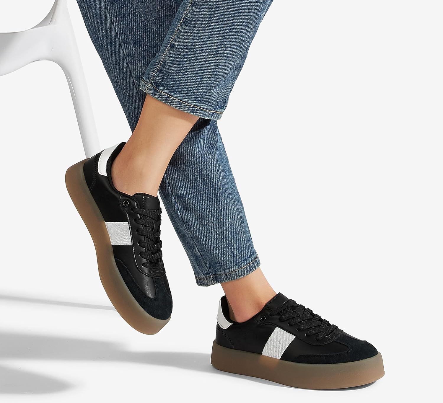LUCKY STEP Womens Retro Sneakers Fashion Classic Casual Tennis Platform Gum Sole Anti Slip Footwear Faux Leather Trainers Walking Skate Shoes