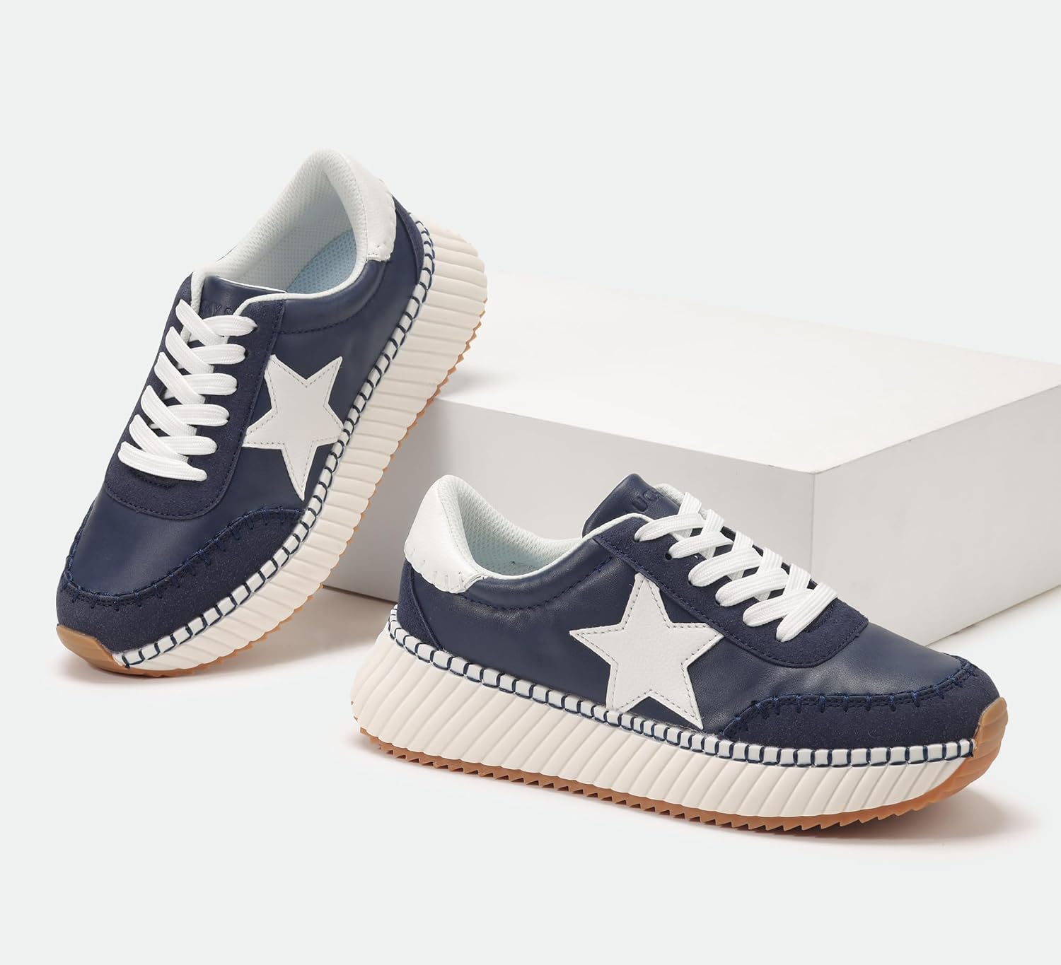 LUCKY STEP Womens Star Platform Sneakers Fashion Chunky Retro Trendy Casual Tennis Running Trainning Walking Shoes