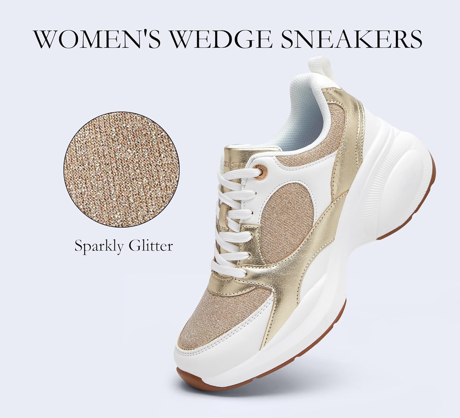 LUCKY STEP Womens Wedge Sneakers Fashion Heeled Cliff Platform Glitter Lace Up Metallic Casual Shoes