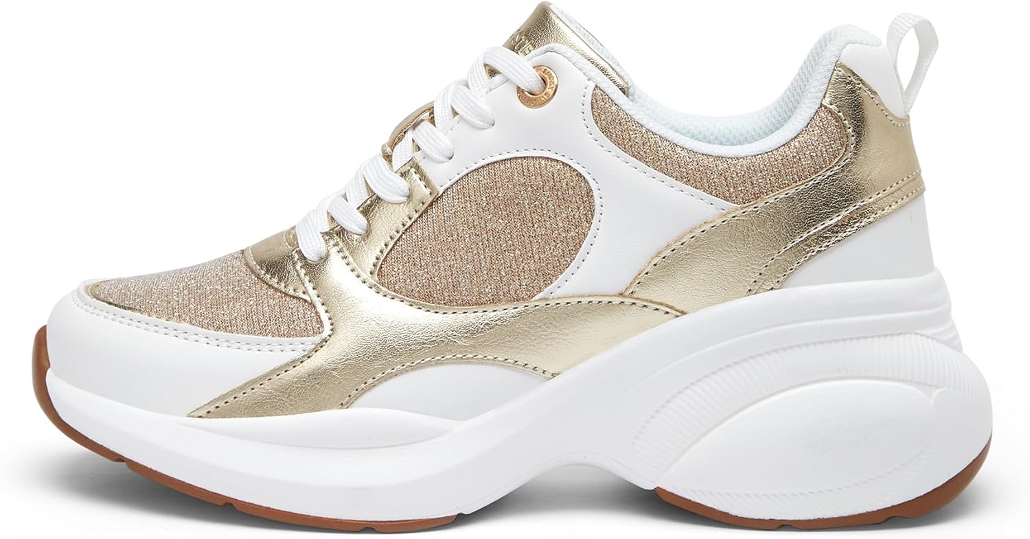 LUCKY STEP Womens Wedge Sneakers Fashion Heeled Cliff Platform Glitter Lace Up Metallic Casual Shoes